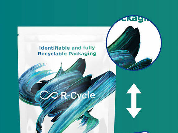 The digital product passport can be accessed via the digital watermarks hidden in the printed image of this All-PE pouch.